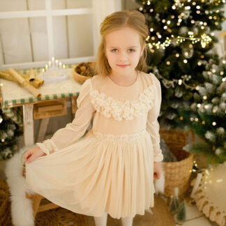 Sukienka świateczna w kolorze ciepłego beżu z drobinkami