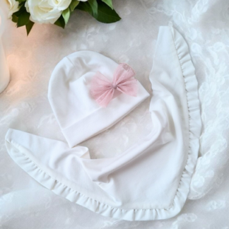Komplet czapeczka z chustą wiosenna ecru z kokardką LILLY PINK
